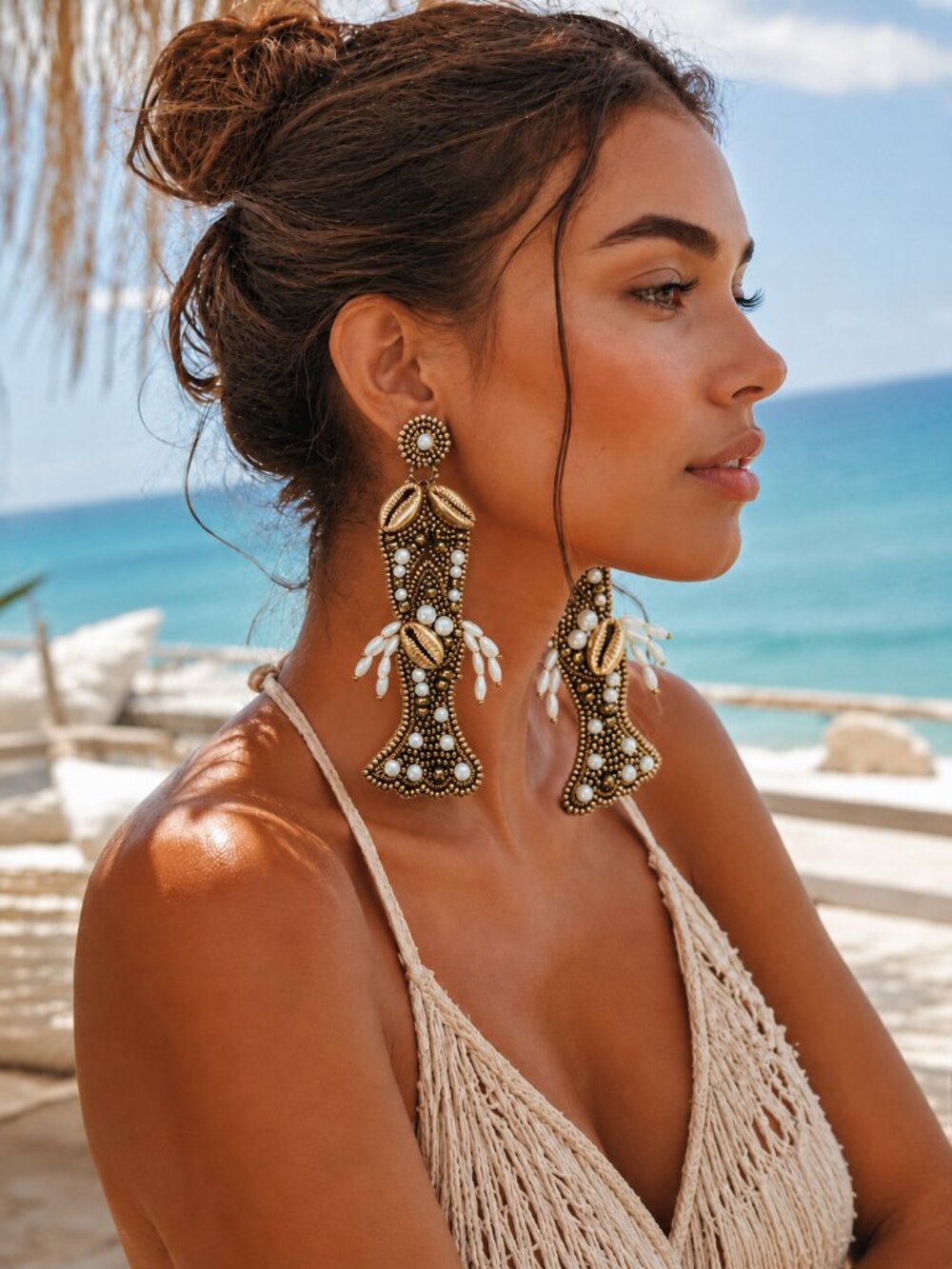 Gold Pearl Seashell Beaded Lobster Beach Resort 5-Inch Long Statement Earrings - Picture 2 of 3